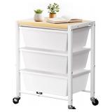Rolling Cart with 3 Drawers, Lockable Wheels, White
