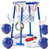 2-in-1 Pool Basketball Hoop & Rings with 4 Balls, Pump