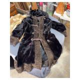 Vintage Black Faux Fur Hooded Coat w/ Brown Textured Trim & Frog Closures