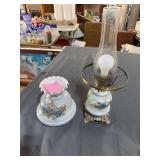 Pair of Vintage Floral Porcelain Hurricane Lamps – Blue Rose Pattern