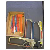 3 metal Hand saws with blades and a mallet