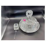 Vintage Pressed Glass Covered Butter Dish with Matching Tray & Salt Cellar