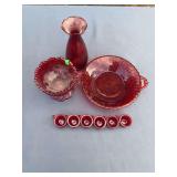Vintage Westmoreland Red Glassware set – Handled Serving Bowl, Vase & Mini Cups
