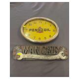 Vintage Pennzoil Advertising Wall Clock & “Man Cave” Metal Garage Sign