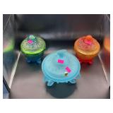 Vintage Colored Glass Covered Candy Dish Lot – Blue, Green & Amber