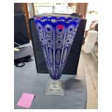 Cobalt Blue Cut-to-Clear Crystal Pedestal Vase