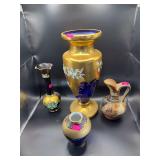 Decorative Glass Vase Lot with Cobalt Blue & Gold Floral Vase, Bud Vase & Pitcher