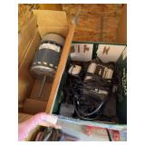 Box of misc chargers, blower motors