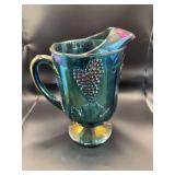 Vintage Blue Iridescent Carnival Glass Grape Pattern Pitcher