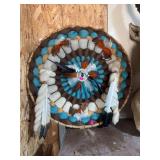 Large Round Southwestern Fiber Art Wall Hanging with Feathers & Turquoise Accents
