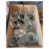 3 boxes with pans, serving trays, coffee cups, vases and glass wear
