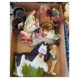 Assorted Decorative Collectibles Lot – Skunk Figurine, Doll, Candle Holders & Holiday Décor