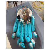 Handmade Southwestern Style Dreamcatcher with Fur, Turquoise Wool, Beads & Feathers
