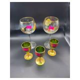 Vintage Gold-Rimmed Floral Wine Glasses & Green Gold Cordial Glasses – 5 Pc