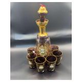 Bohemian Amber Glass Decanter Set with 6 Matching Shot Glasses