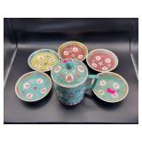 Chinese Porcelain Longevity Pattern Lidded Mug with 5 Matching Plates