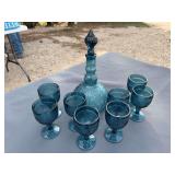 Vintage Blue Pressed Glass Decanter & 8 Matching Stemmed Goblets Set-Assorted Decorative Glass & Ceramic Vase with Candleholders