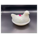 Vintage Milk Glass Hen on Nest Covered Dish