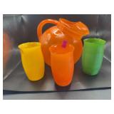 Vintage Mid-Century Orange Glass Pitcher with 3 Honeycomb Textured Tumblers