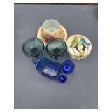 Vintage Cobalt Blue Glassware with Decorative Bird & Floral Pottery Pieces