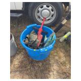 Assorted Lawn & Garden Tools with Hose, Sprayer Wand, Hand Pump & Utility Tub