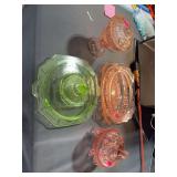 Vintage Pink Depression Glass Footed Covered Candy Dish with Green Serving Tray