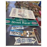 Motorhead Thermometer, NHRA Street Racer Sign, Ford Country Arrow Sign and License Plates