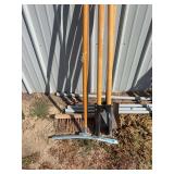 Assorted Long-Handled Yard Tools – Broom,squeegee, Post Hole Digger & Shovel