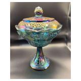 Vintage Iridescent Carnival Glass Covered Pedestal Compote