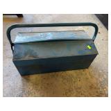 Blue vintage metal tool box with contents