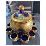 Cobalt Blue & Gold Floral Punch Bowl Set with 8 Cups & Ladle