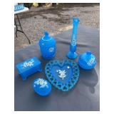 Westmoreland glass Vintage Blue Satin/Frosted Glass Vanity Set with Hand-Painted Daisies – 6 Pieces