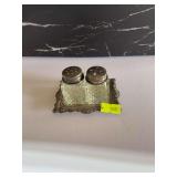 Vintage Cut Glass Salt & Pepper Shakers with Ornate Metal Stand