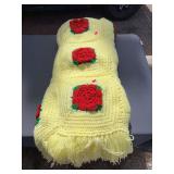 Handmade Yellow Crochet Afghan w/ Raised Red Rose Appliqués & Fringe