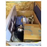 2 boxes of household supplies, wall art, trophies