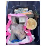 Tote with mixed candles, picture frames and books