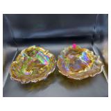 Pair of Amber Iridescent Carnival Glass Leaf & Berry Bowls