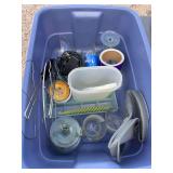 Tub with miscellaneous kitchenware, has no lid