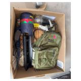 Box of mixed bags, light projections, office supplies Air mattress (size unknown)