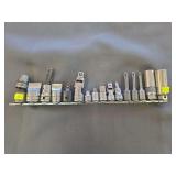 Assorted Snap-on 3/8' Drive Sockets, Adapters, Universal Joints & Drive Accessories on Rail