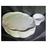 Milk glass plate set of seven with one cup Greek design