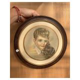 Vintage Round Framed Boy and Puppy Portrait Print