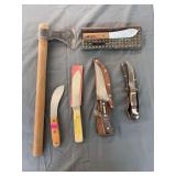 Vintage Hatchet & Assorted Fixed-Blade Hunting Knives with Sheaths