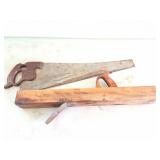 ANTIQUE WOOD PLANE AND HAND SAW