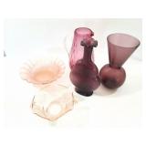 PINK AND PURPLE GLASSWARE LOT- 5 ITEMS