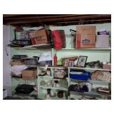 CONTENTS OF SHELVES- VINTAGE FRAMES, MILK GLASS,
