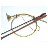 BRASS HUNTING HORN AND 2 VINTAGE BATS