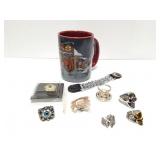 HARLEY DAVIDSON MUG- PIN AND ASSORTED SKULL AND