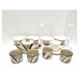 GLASSWARE LOT- CANDLE HOLDERS- TEA POT- CHINESE