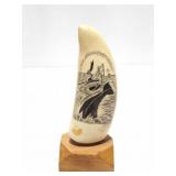 WHALE TOOTH- HAND ETCHED- SIGNED DIAS- ON WOODEN